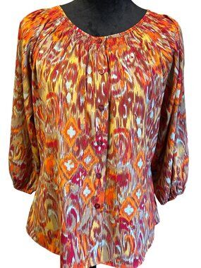 Chadwicks Womens Multicolor Ikat Print Peasant Top With 3/4 Sleeves & Button Det